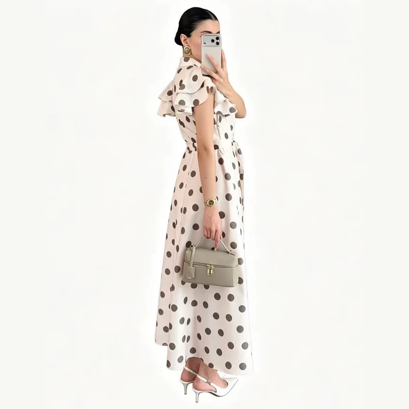 Damen Gepunktetes Maxikleid mit Stehkragen, Volantärmeln und Bindegürtel Drune
