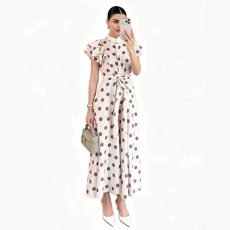 Damen Gepunktetes Maxikleid mit Stehkragen, Volantärmeln und Bindegürtel Drune
