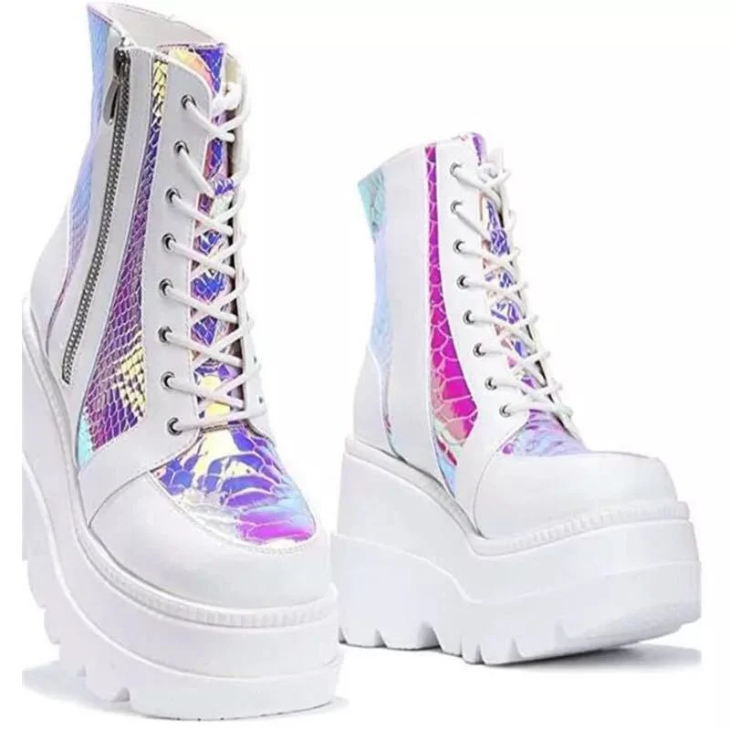 Damen Hochformatige Plateau-Schnürstiefel mit Kunstleder und reflektierenden Akzenten Drune