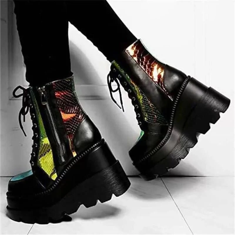 Damen Hochformatige Plateau-Schnürstiefel mit Kunstleder und reflektierenden Akzenten Drune