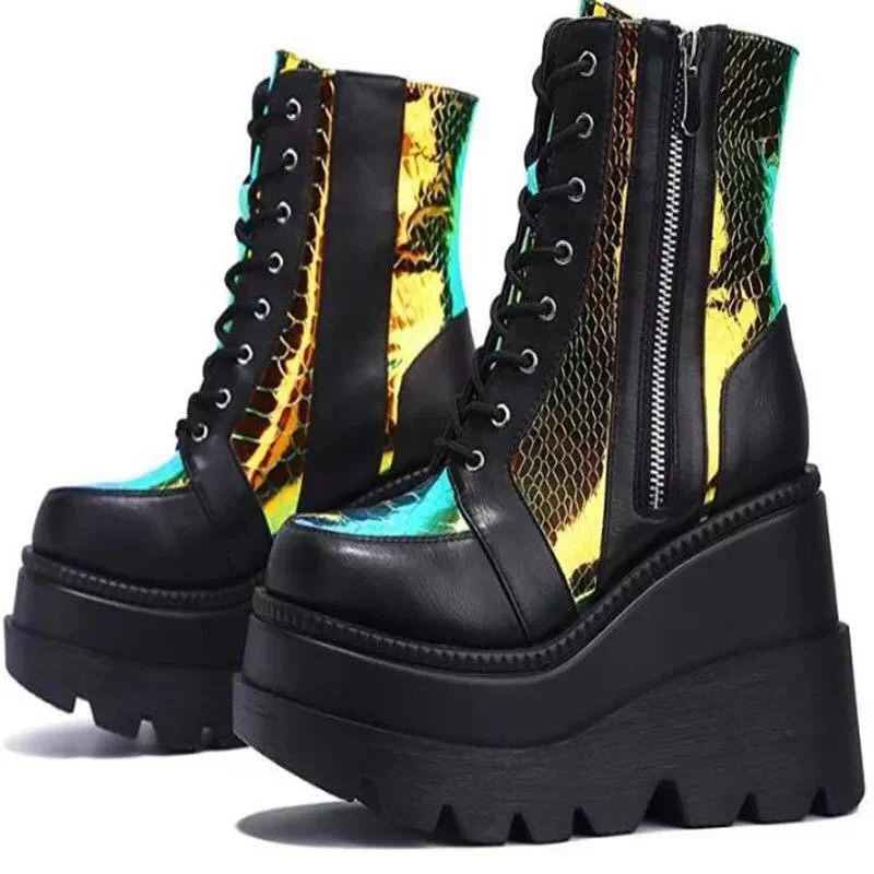 Damen Hochformatige Plateau-Schnürstiefel mit Kunstleder und reflektierenden Akzenten Drune