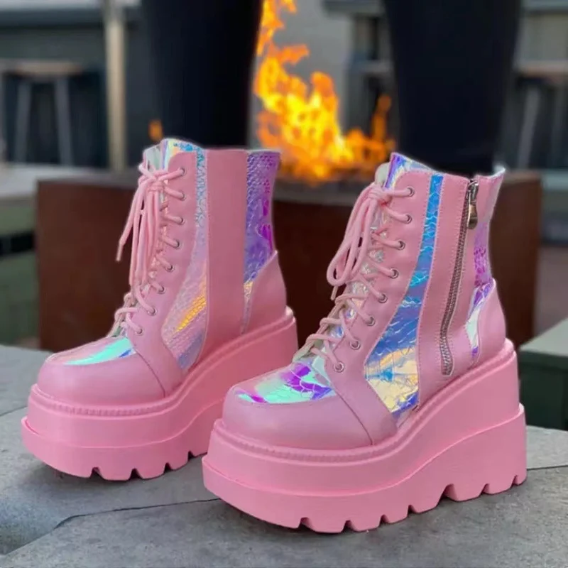 Damen Hochformatige Plateau-Schnürstiefel mit Kunstleder und reflektierenden Akzenten Drune