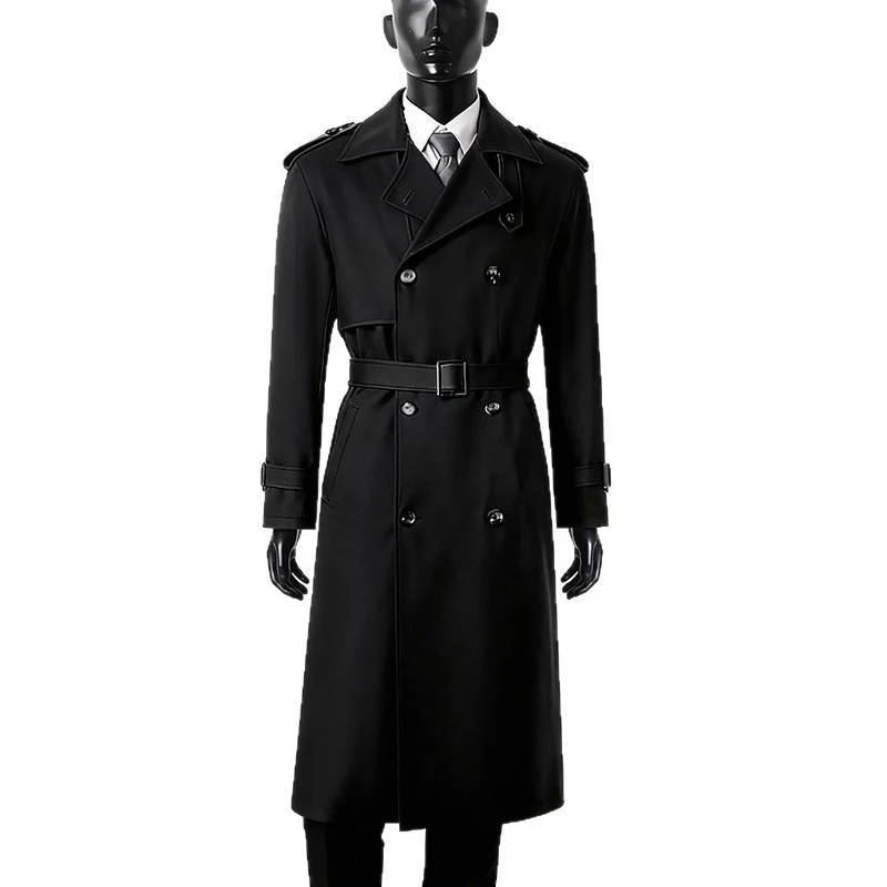 Herren Doppelreihiger Trenchcoat mit abnehmbarem Taillengürtel und Schulterklappen Drune