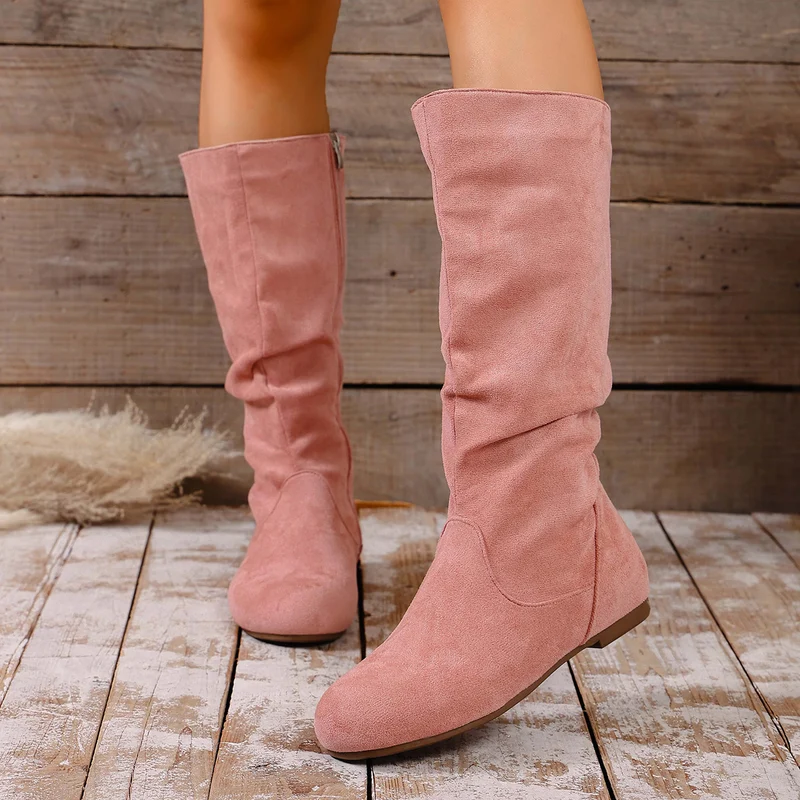 Damen kniehoher Slouch-Stiefel mit seitlichem Reißverschluss und flacher Profilsohle Drune