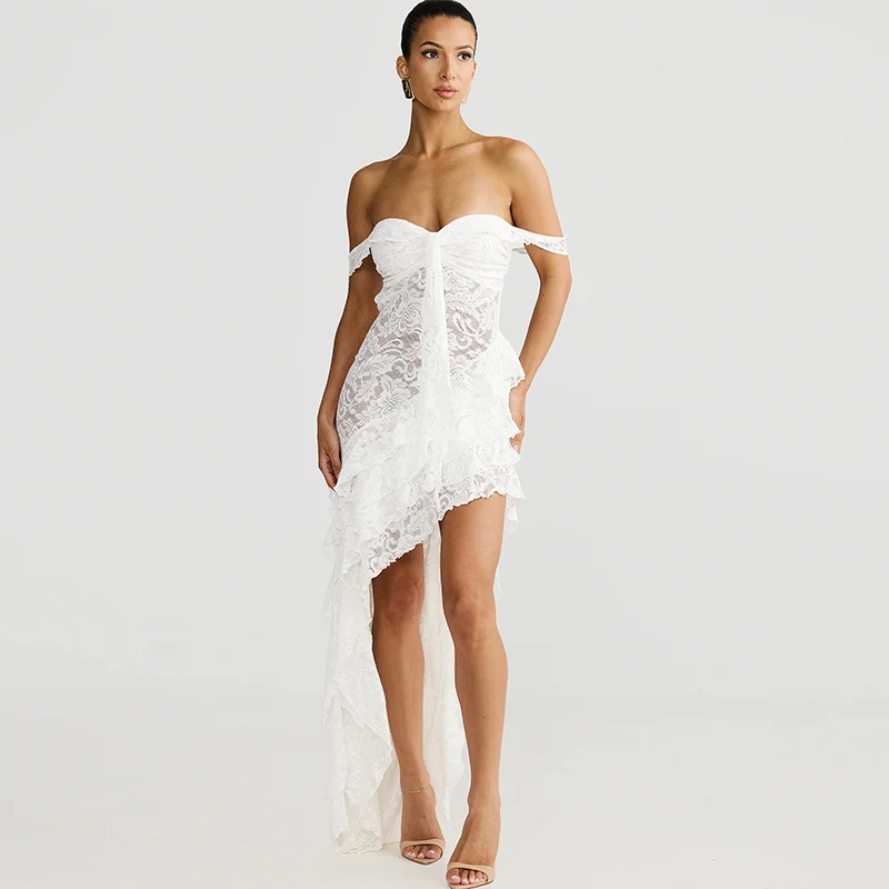 Damen asymmetrisches Spitzenkleid mit Rüschendetails Drune