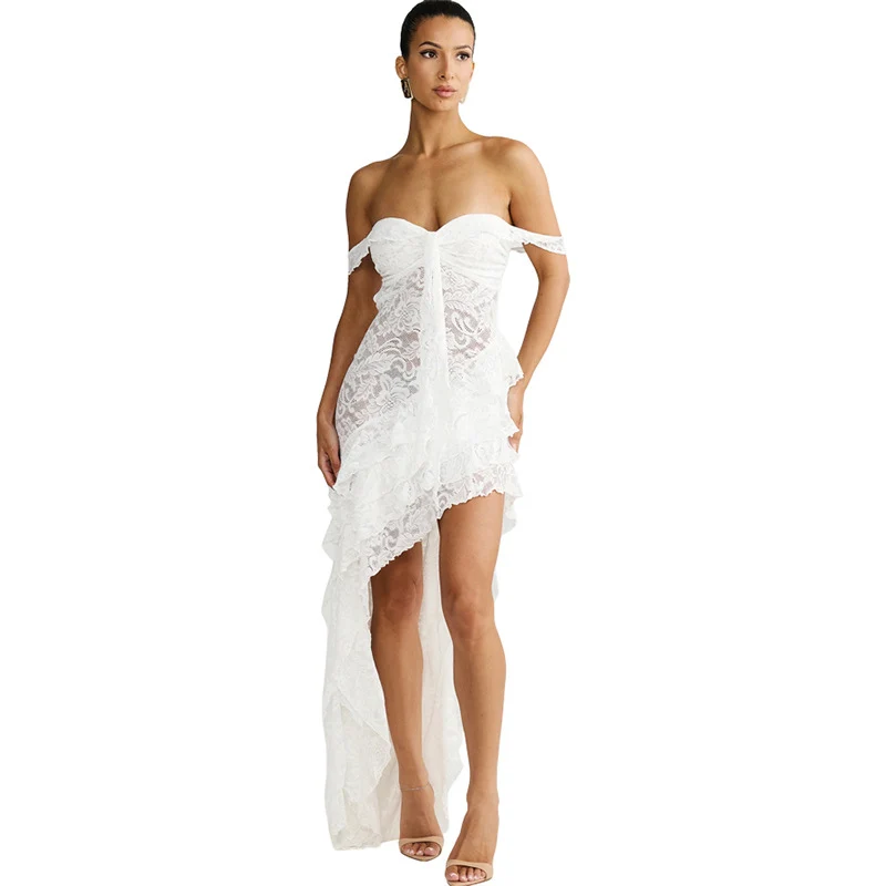 Damen asymmetrisches Spitzenkleid mit Rüschendetails Drune