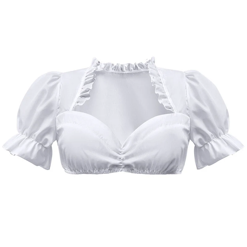 Damen nan traditionelle Dirndlbluse kurz mit Puffärmeln Herzausschnitt und Rüschendetail Drune