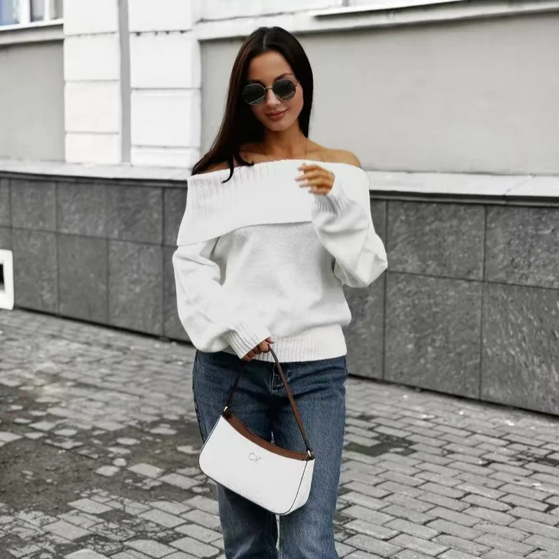 Damen eleganter Pullover mit weitem Rippkragen und weichem Material Drune