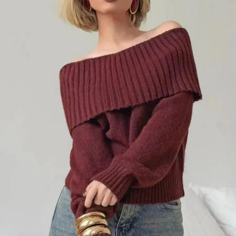 Damen eleganter Pullover mit weitem Rippkragen und weichem Material Drune