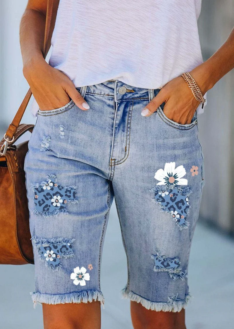 Drune | Bequeme Kurze Jeans Hose mit Stylischem Blumen Design