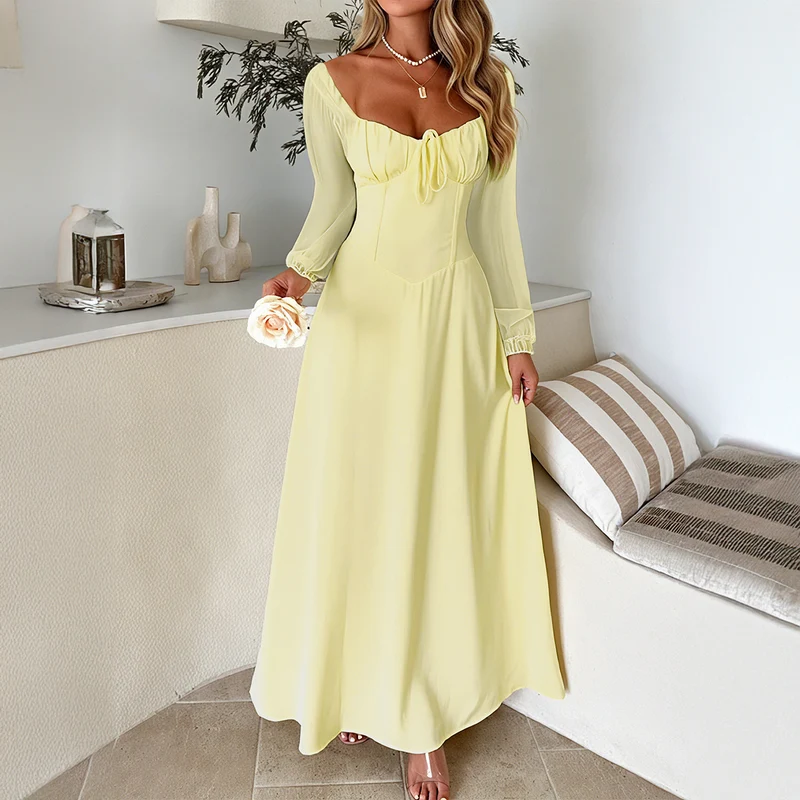 Damen nan Maxikleid mit Corsagen-Oberteil, Herzausschnitt, gerafften Ärmeln und fließendem A-Linien-Rock Drune