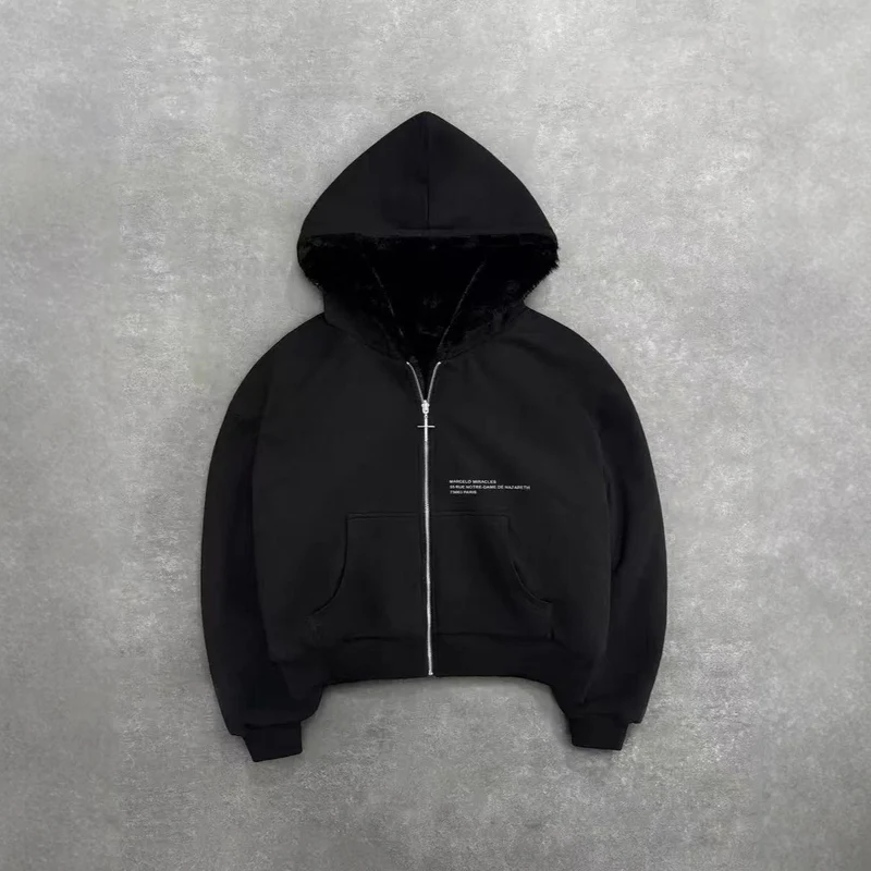 Unisex Kapuzen-Sweatjacke mit Kunstfellfutter, verkürztem Schnitt und Kreuz-Reißverschluss Drune