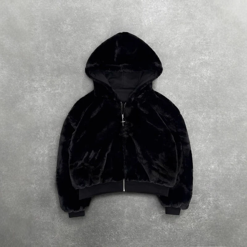 Unisex Kapuzen-Sweatjacke mit Kunstfellfutter, verkürztem Schnitt und Kreuz-Reißverschluss Drune