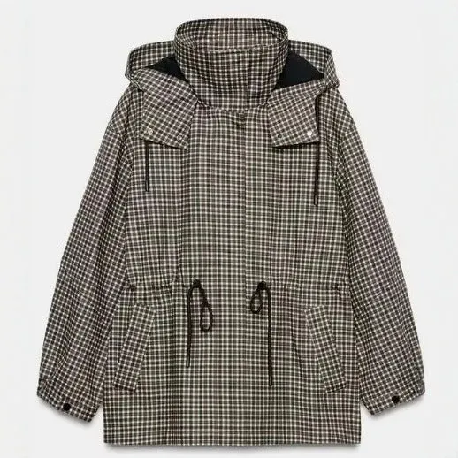 Damen karierter Anorak mit Kapuze und Tunnelzug Drune