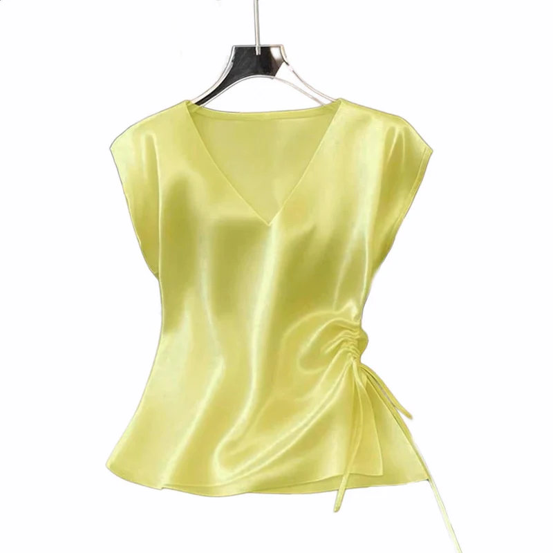 Damen Satinbluse mit seitlichem Kordelzug und V-Ausschnitt Drune