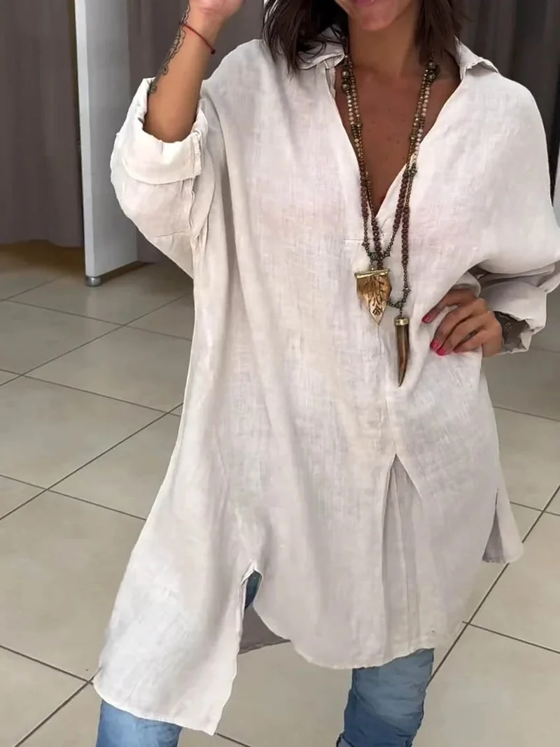 Damen Leinen Tunika mit asymmetrischem Schnitt und eleganten Details Drune