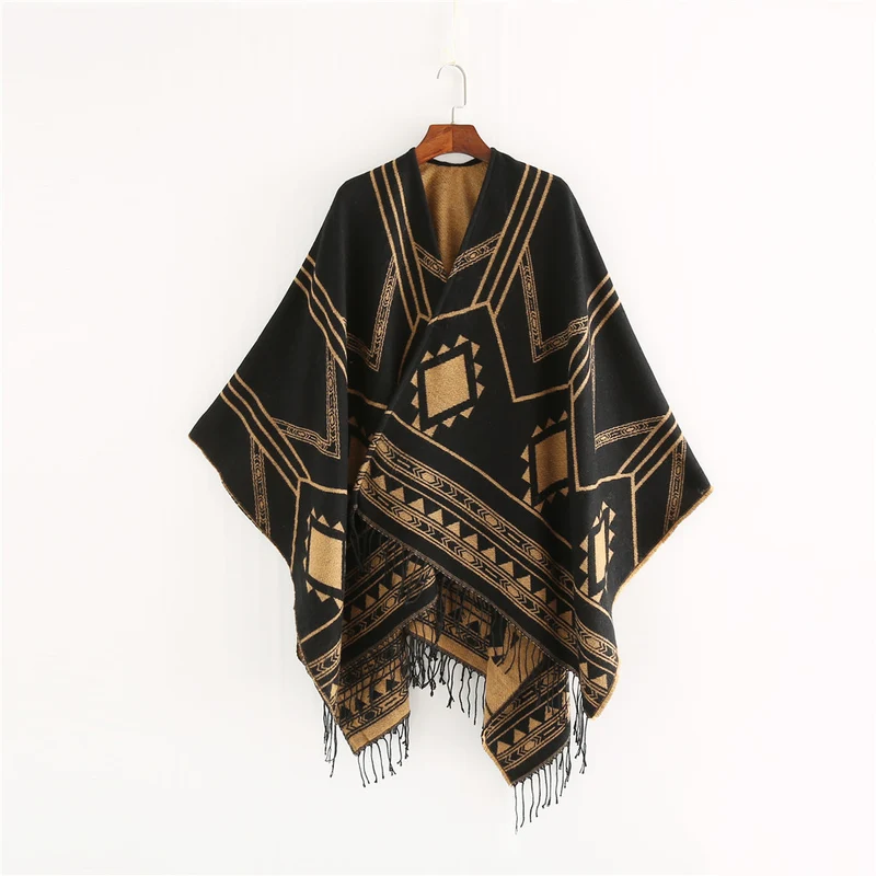 Unisex Ethno-Poncho aus weichem Strick mit Fransen und geometrischem Muster Drune