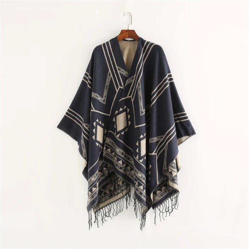 Unisex Ethno-Poncho aus weichem Strick mit Fransen und geometrischem Muster Drune
