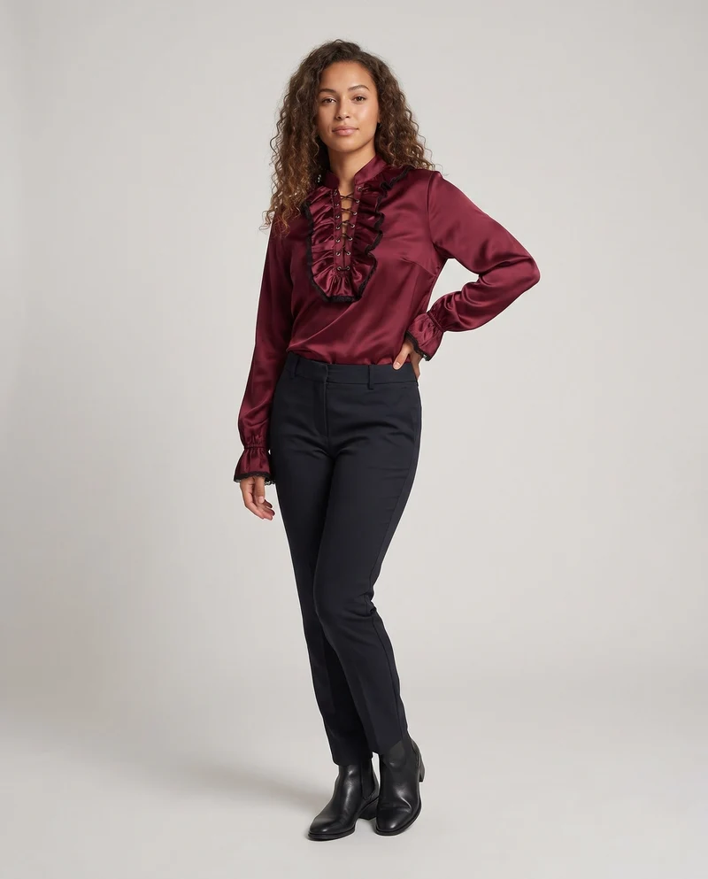 Damen elegante Freizeitbluse mit Rüschendetails und Schnürung Drune