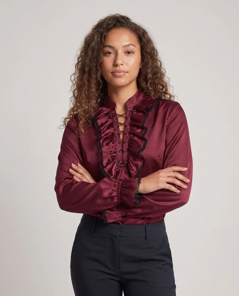 Damen elegante Freizeitbluse mit Rüschendetails und Schnürung Drune