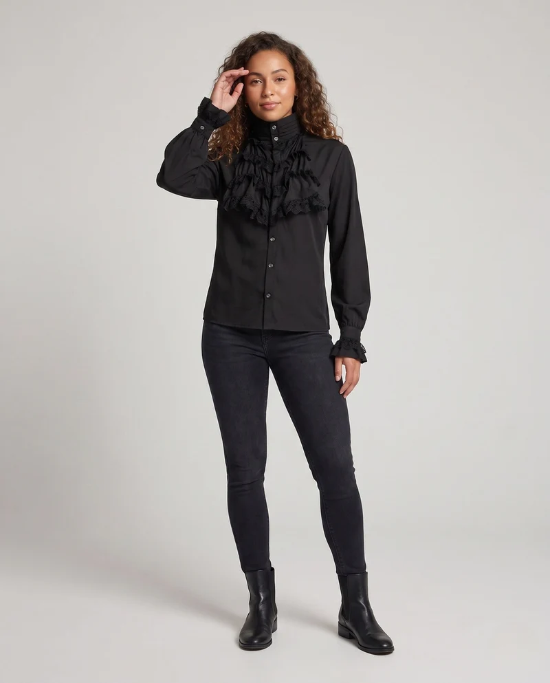 Damen elegante Rüschbluse mit exquisiten Spitzen Details Drune