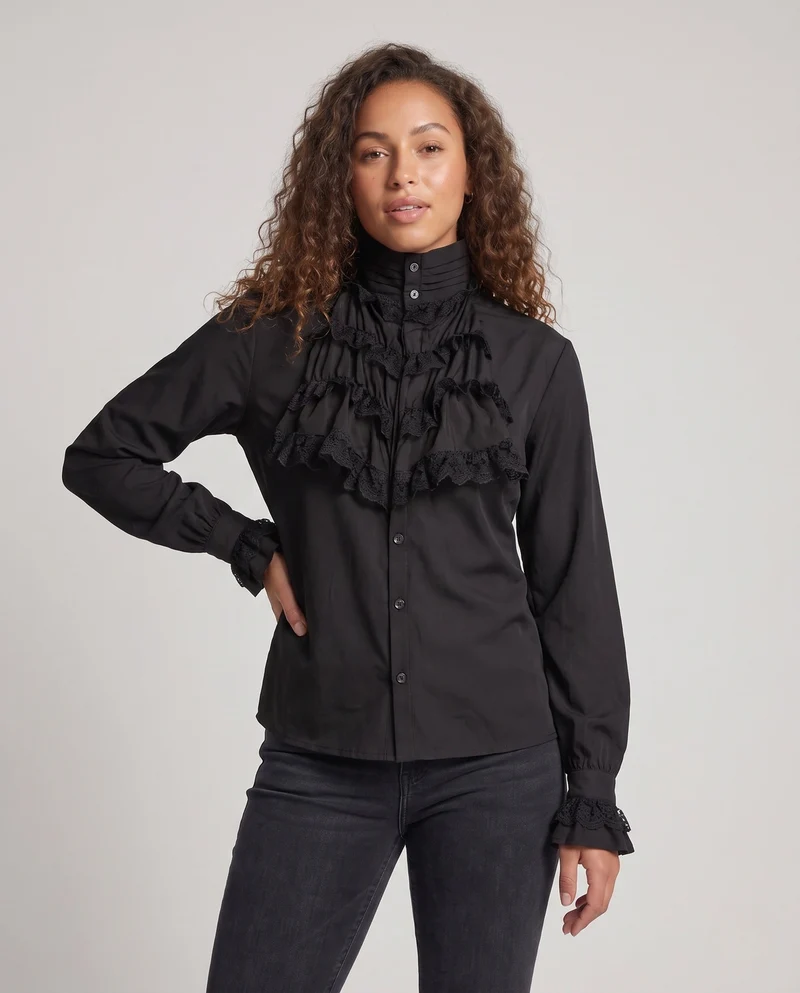 Damen elegante Rüschbluse mit exquisiten Spitzen Details Drune
