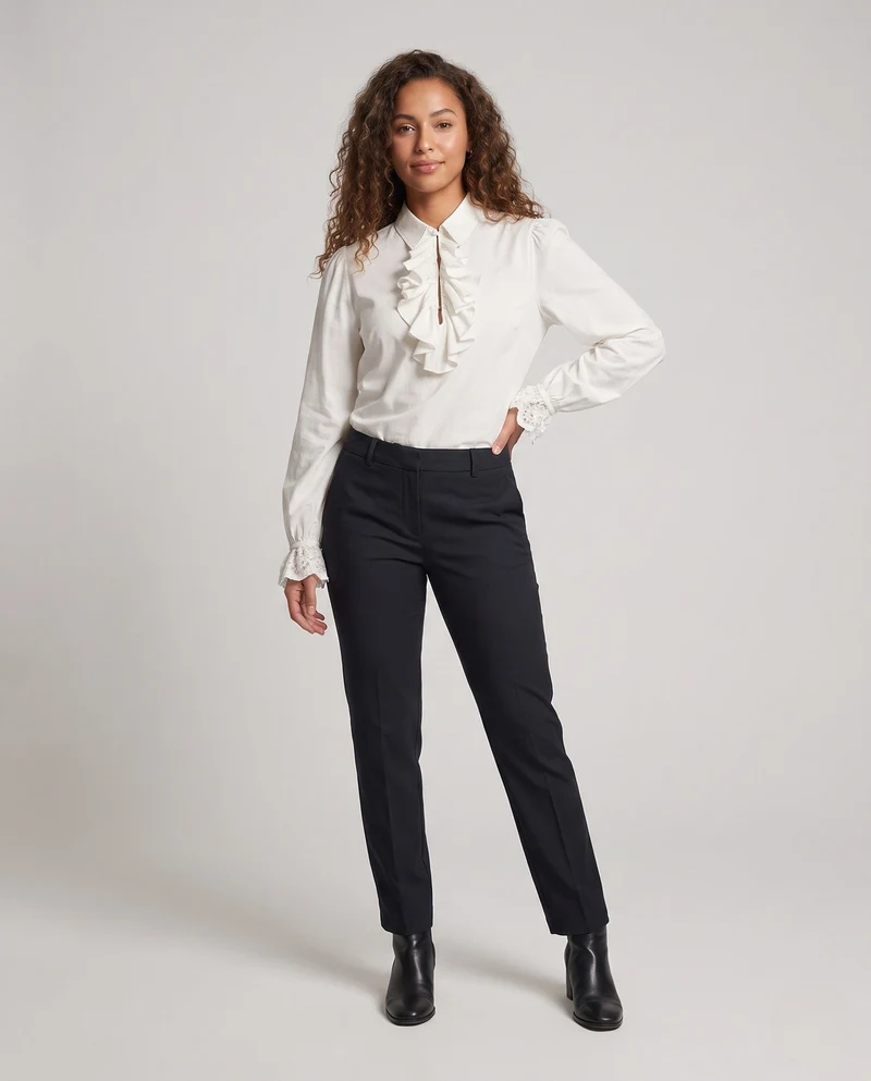 Damen elegante Rüschbluse mit feinem Stehkragen und aufwendigen Ärmelbündchen Drune