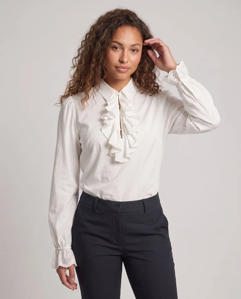 Damen elegante Rüschbluse mit feinem Stehkragen und aufwendigen Ärmelbündchen Drune