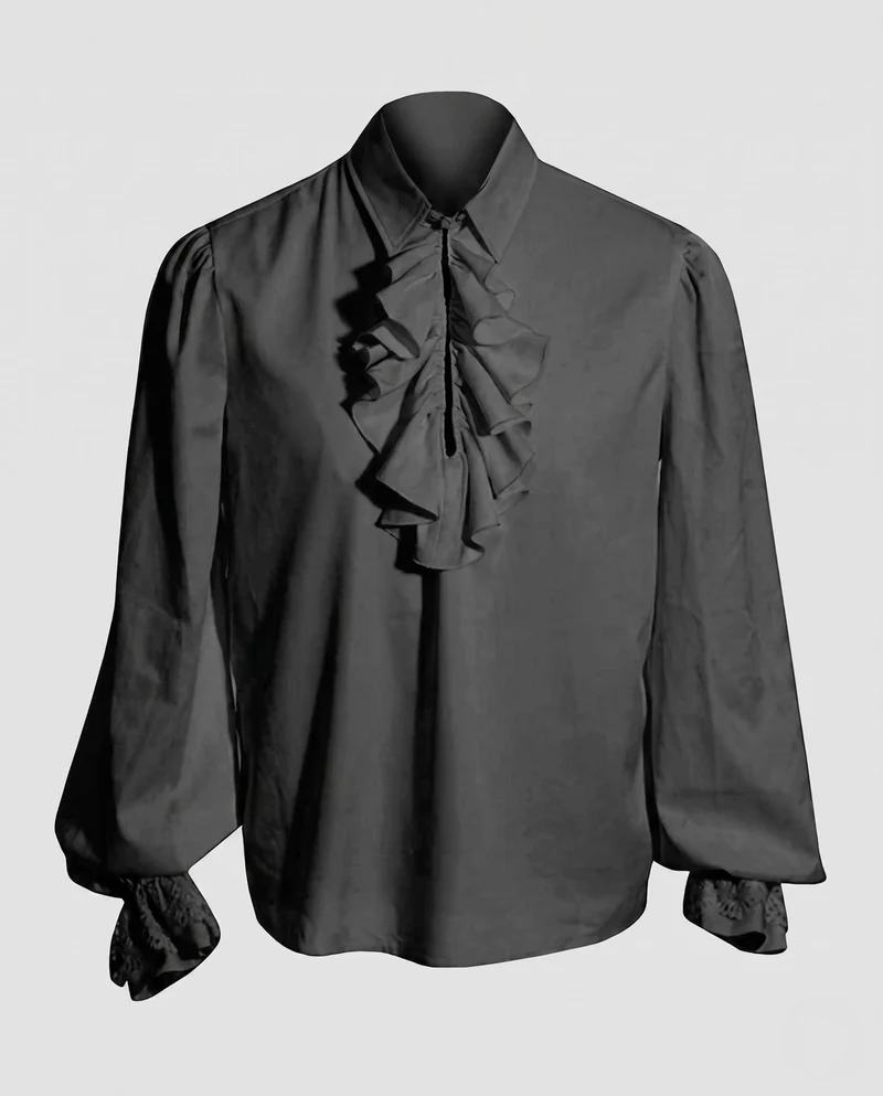 Damen elegante Rüschbluse mit feinem Stehkragen und aufwendigen Ärmelbündchen Drune