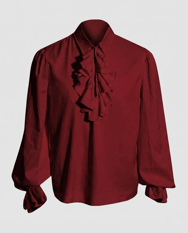 Damen elegante Rüschbluse mit feinem Stehkragen und aufwendigen Ärmelbündchen Drune