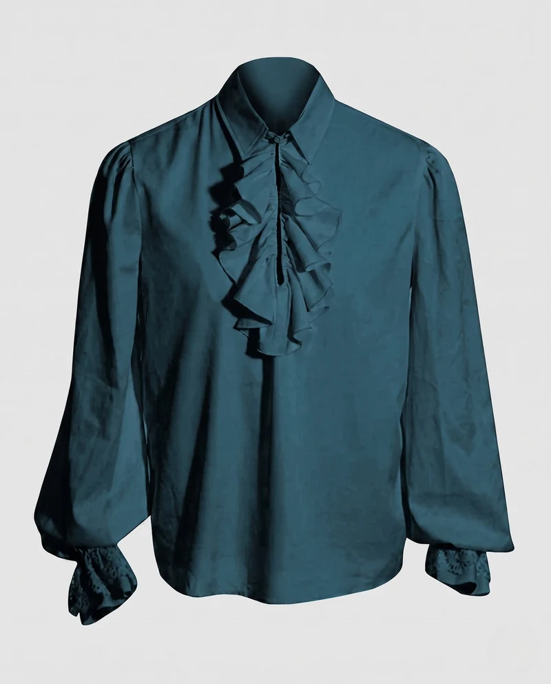Damen elegante Rüschbluse mit feinem Stehkragen und aufwendigen Ärmelbündchen Drune