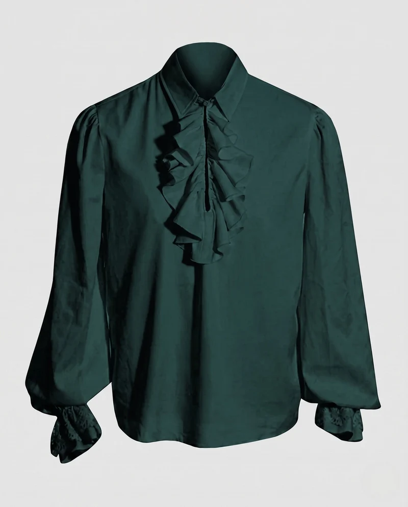 Damen elegante Rüschbluse mit feinem Stehkragen und aufwendigen Ärmelbündchen Drune