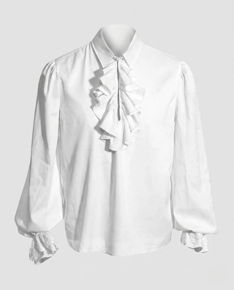 Damen elegante Rüschbluse mit feinem Stehkragen und aufwendigen Ärmelbündchen Drune