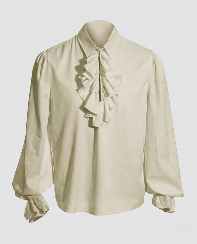 Damen elegante Rüschbluse mit feinem Stehkragen und aufwendigen Ärmelbündchen Drune