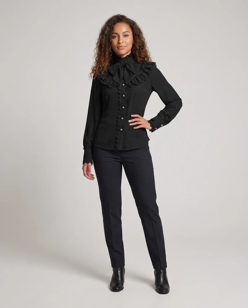 Damen elegante Rüschbluse mit hohem Kragen und verzierten Knopfblende Drune