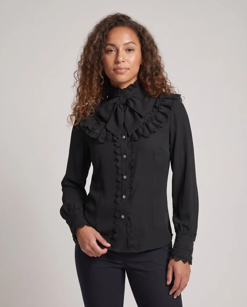 Damen elegante Rüschbluse mit hohem Kragen und verzierten Knopfblende Drune