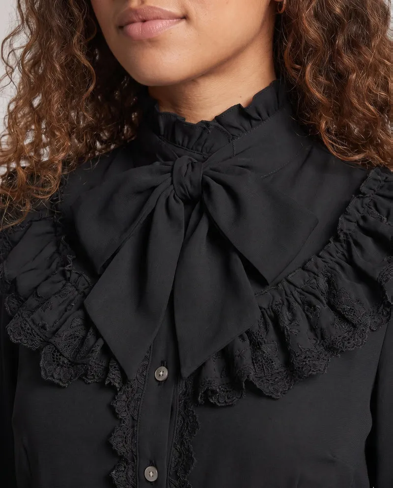 Damen elegante Rüschbluse mit hohem Kragen und verzierten Knopfblende Drune