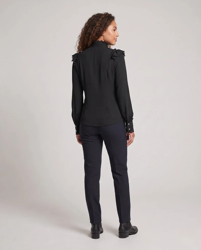 Damen elegante Rüschbluse mit hohem Kragen und verzierten Knopfblende Drune