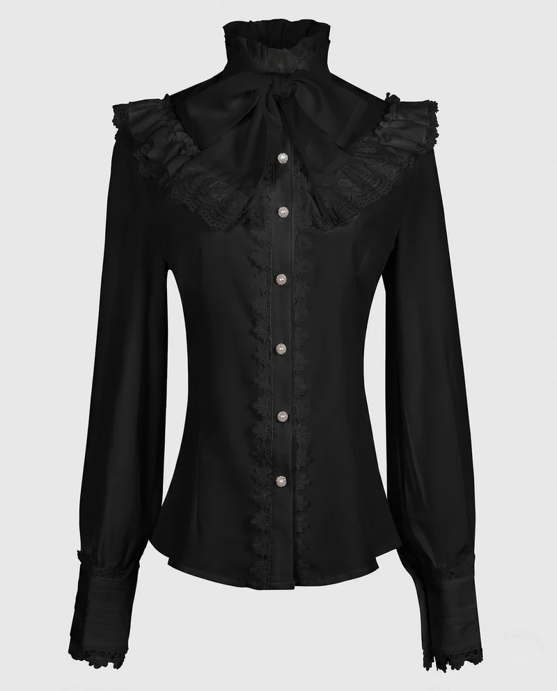 Damen elegante Rüschbluse mit hohem Kragen und verzierten Knopfblende Drune