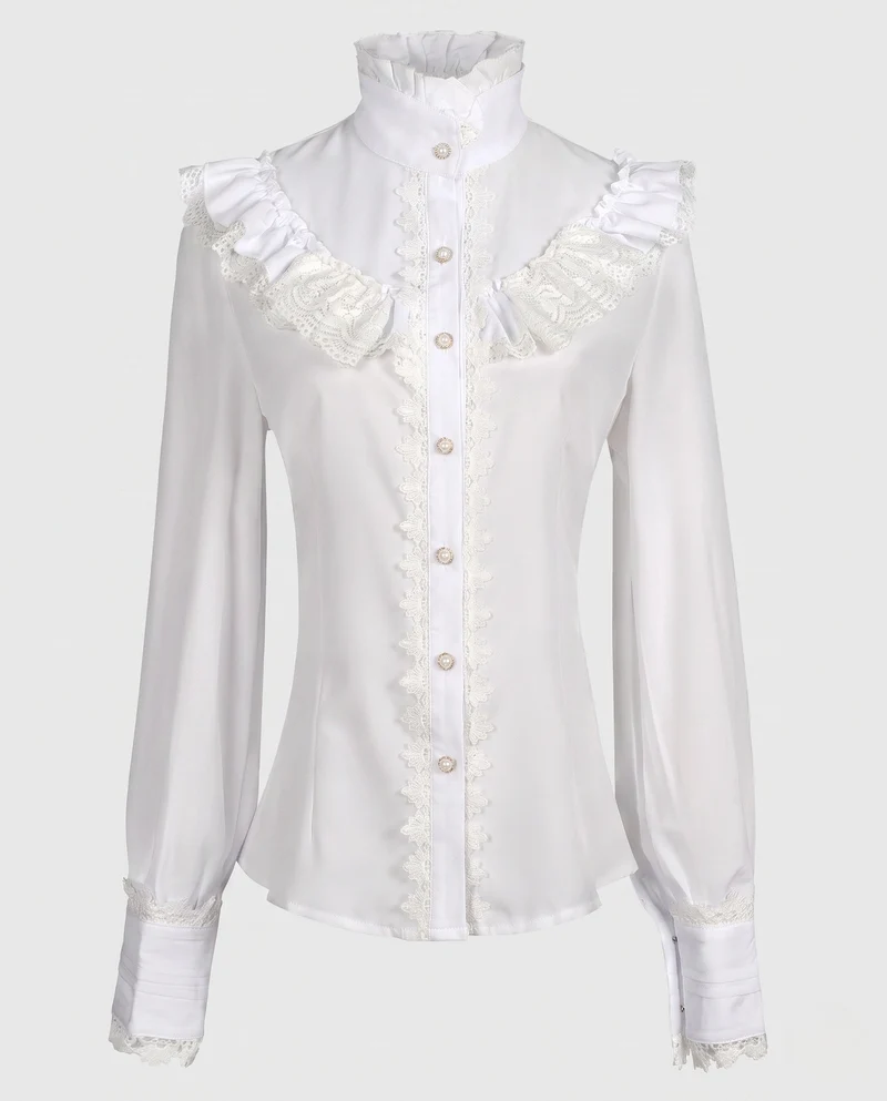 Damen elegante Rüschbluse mit hohem Kragen und verzierten Knopfblende Drune