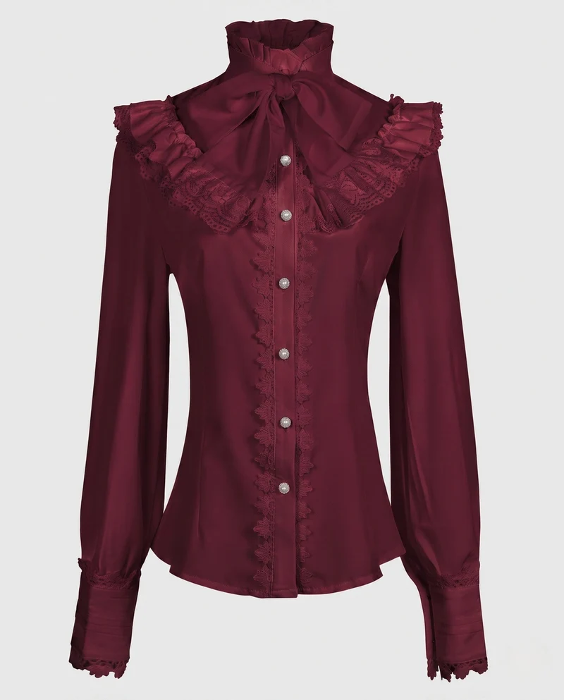 Damen elegante Rüschbluse mit hohem Kragen und verzierten Knopfblende Drune