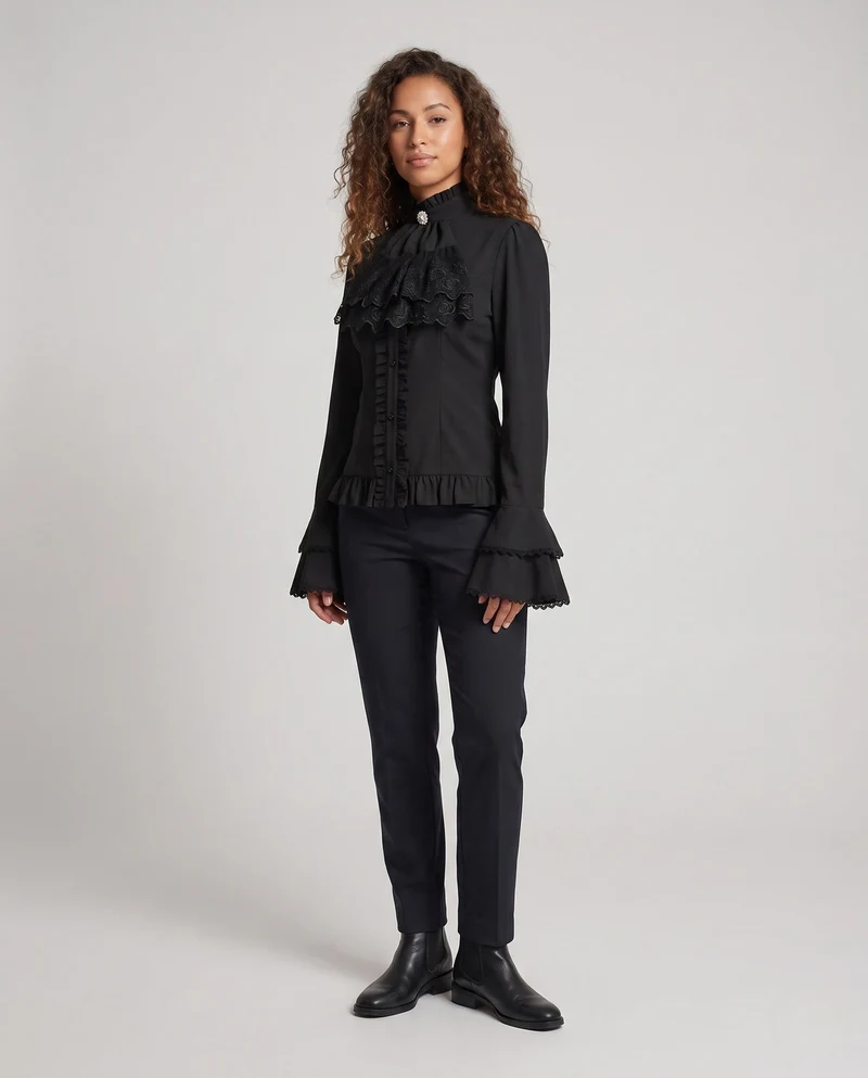Damen elegante Rüschbluse mit hohem Kragen und Spitzenakzenten Drune