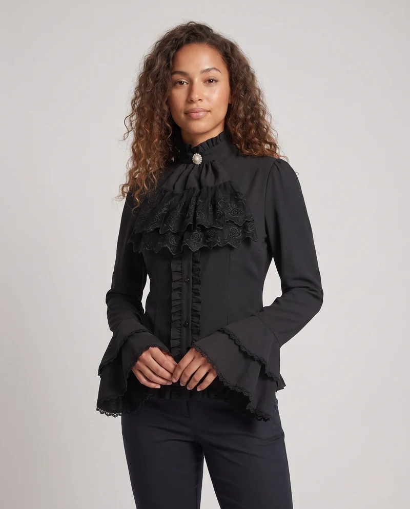 Damen elegante Rüschbluse mit hohem Kragen und Spitzenakzenten Drune