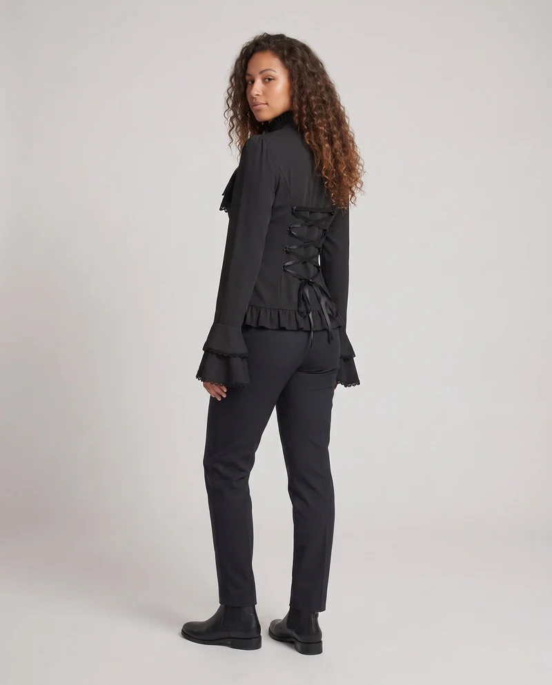 Damen elegante Rüschbluse mit hohem Kragen und Spitzenakzenten Drune