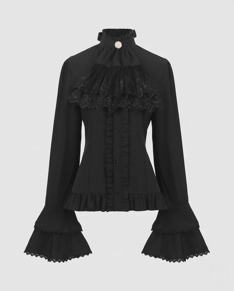 Damen elegante Rüschbluse mit hohem Kragen und Spitzenakzenten Drune