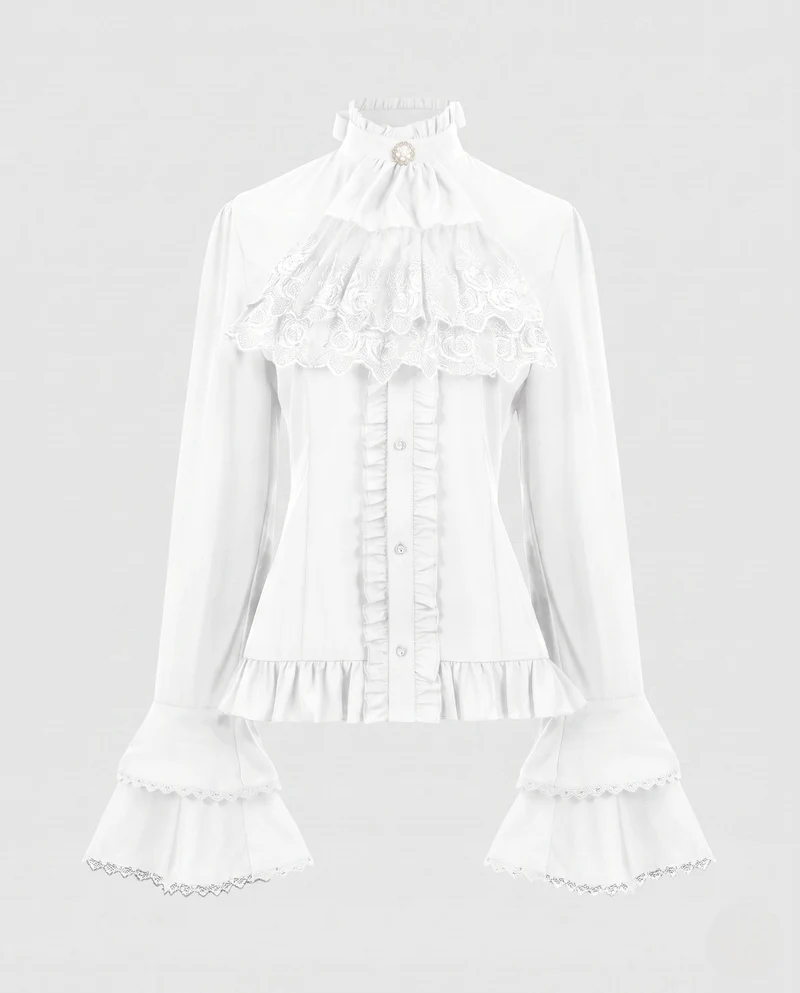 Damen elegante Rüschbluse mit hohem Kragen und Spitzenakzenten Drune