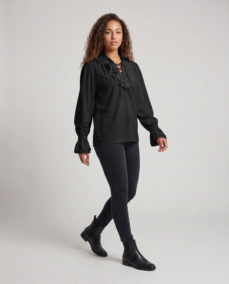 Damen elegante Rüschbluse mit Schnürverschluss und voluminösen Ärmeln Drune