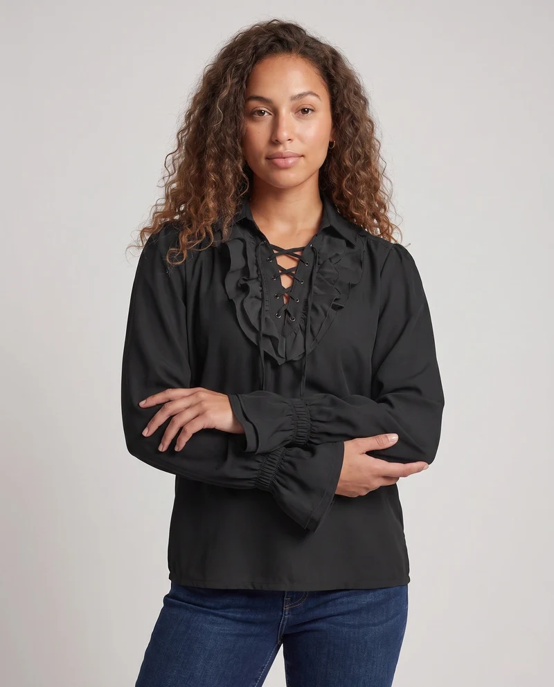 Damen elegante Rüschbluse mit Schnürverschluss und voluminösen Ärmeln Drune