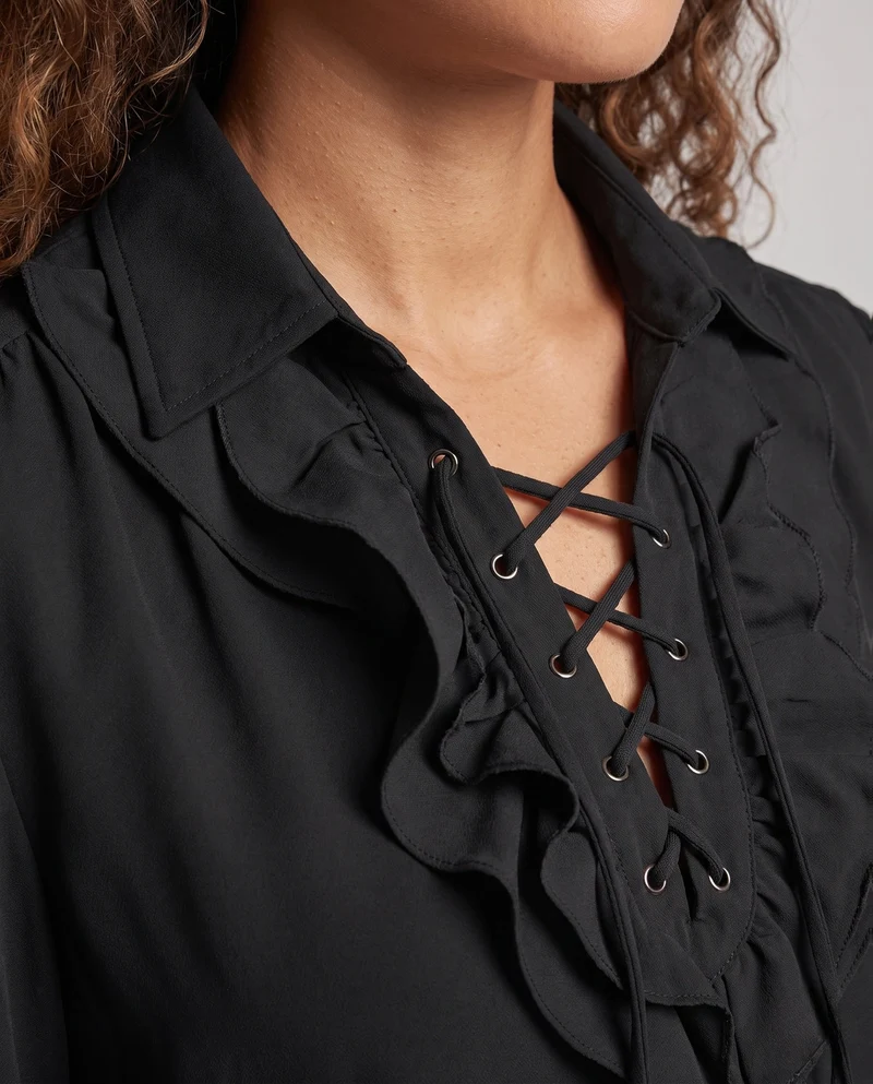 Damen elegante Rüschbluse mit Schnürverschluss und voluminösen Ärmeln Drune