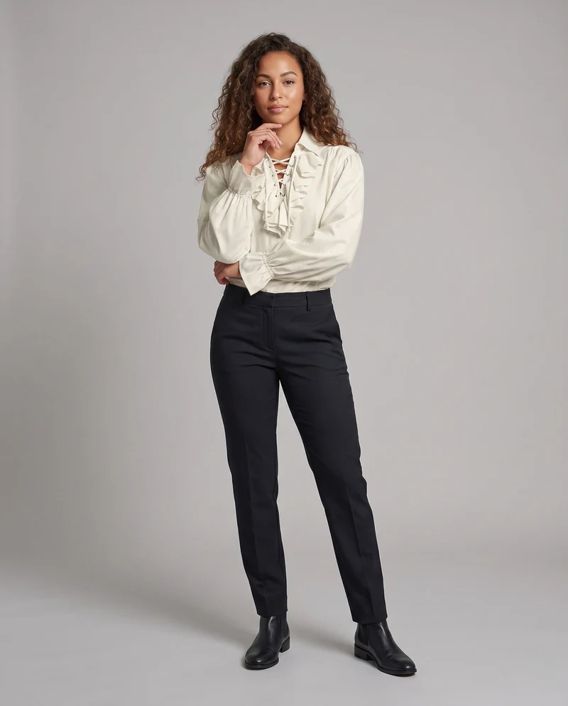 Damen elegante Rüschbluse mit Schnüren und voluminösen Ärmeln Drune